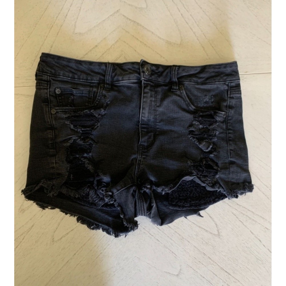 American Eagle High Rise Shortie Black Lace Cut Off size 12 Women's Denim Shorts